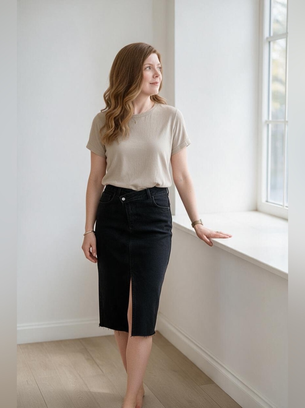Classic Black Mid Denim Skirt with Center Front Slit and Crossover Waist